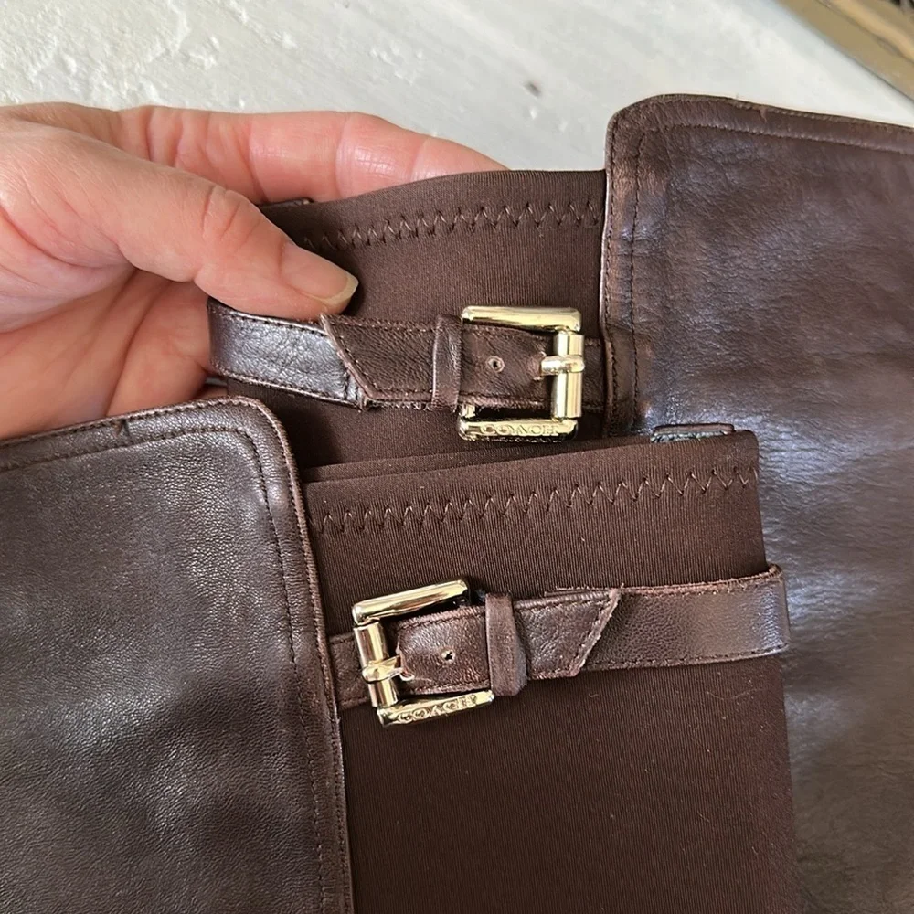 Coach Lilac Tall Boots Brown Leather Fabric Stretch Panel Size 10 Buckle Classy - Picture 9 of 16